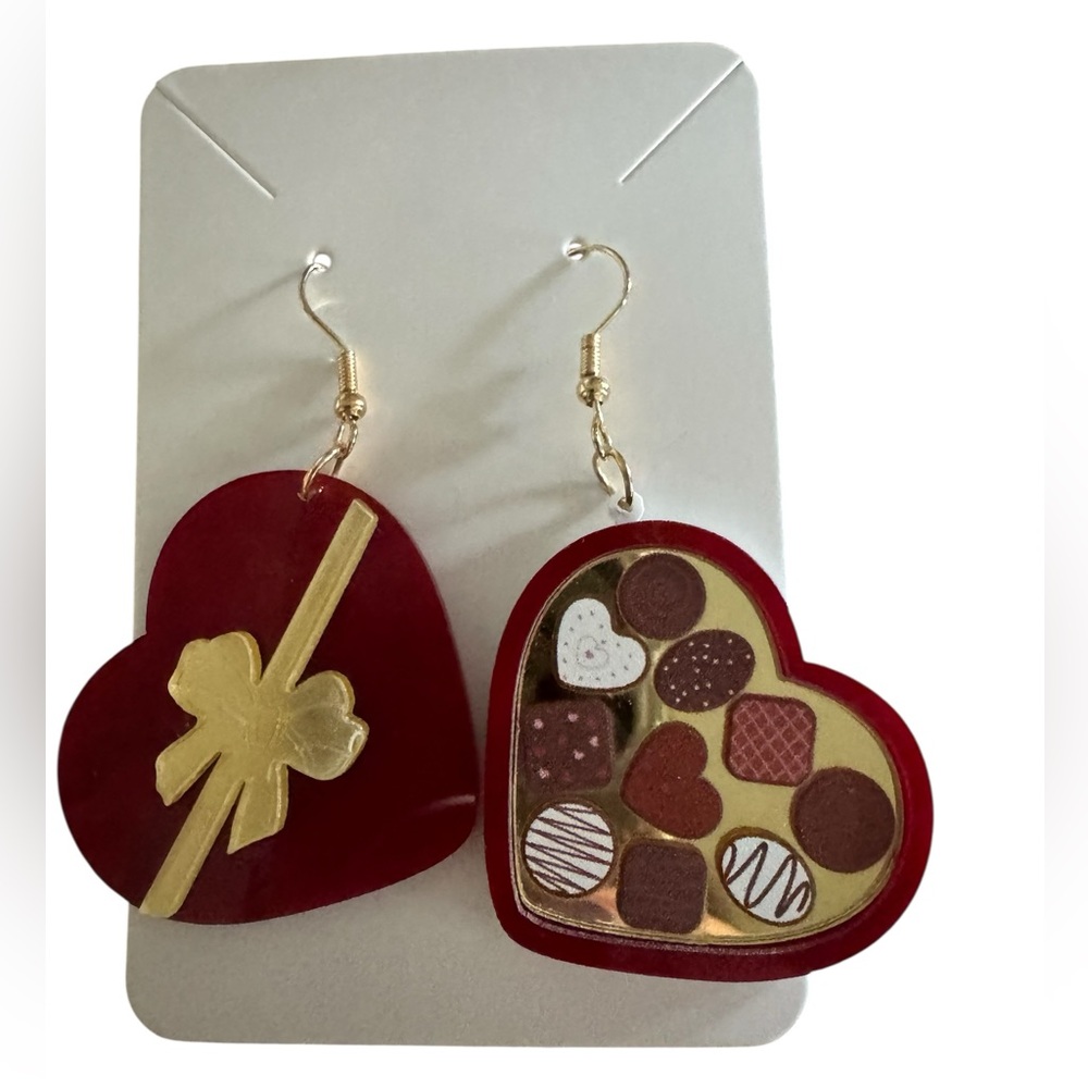 Valentines Bo’s of candy - Heart-Shaped Red and Gold Earrings- French hooks